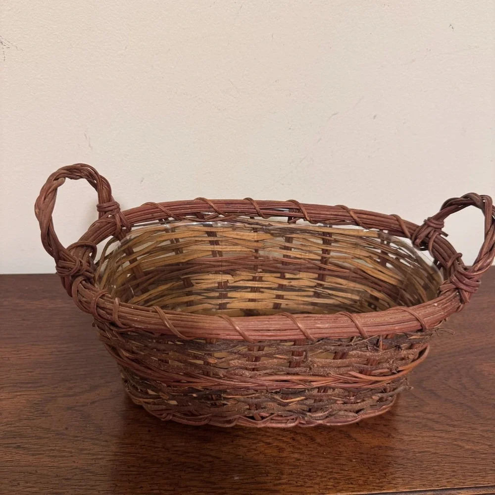 Vintage Rustic Handwoven Twig Vine Oval Basket Planter Plastic Liner Handles
